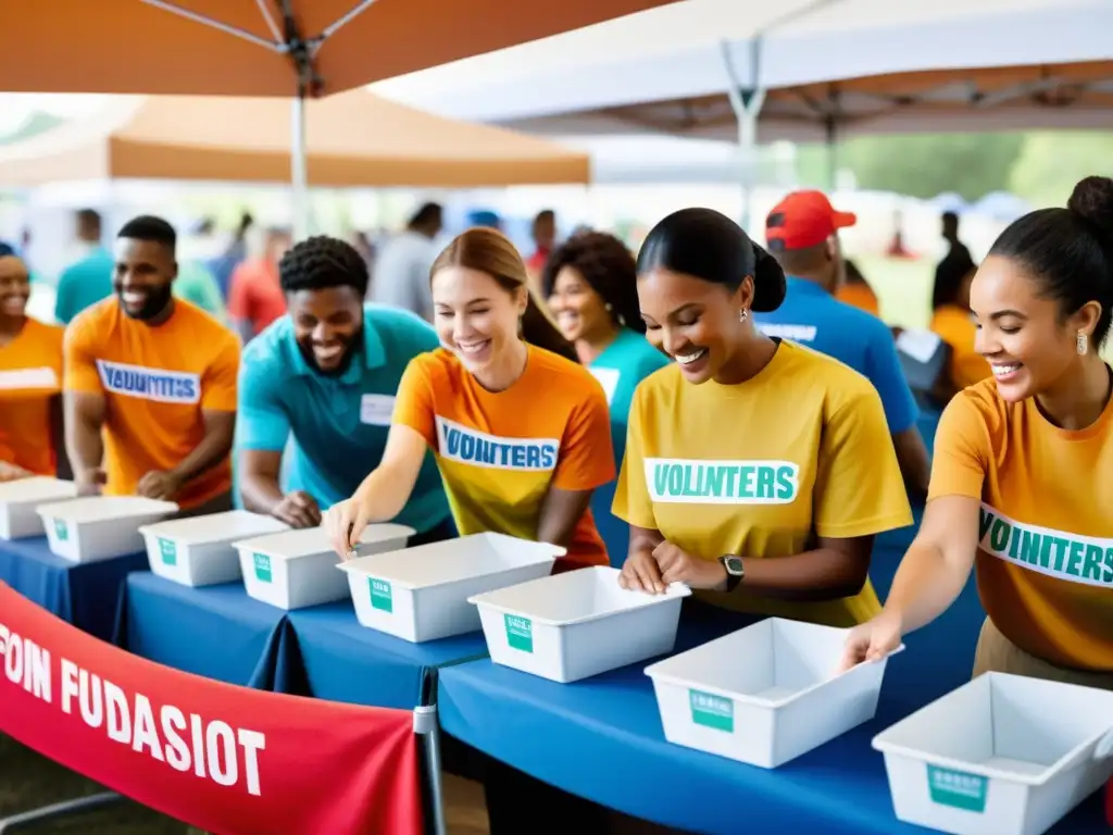 Un grupo diverso de voluntarios organiza un evento para recaudar fondos para una ONG, mostrando pasión y dedicación