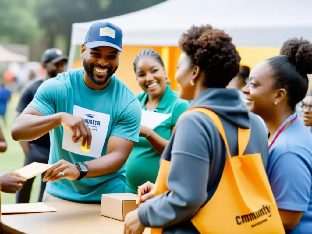 Un grupo diverso de voluntarios colaborando en un evento comunitario, mostrando la esencia de las redes de voluntariado para ONGs