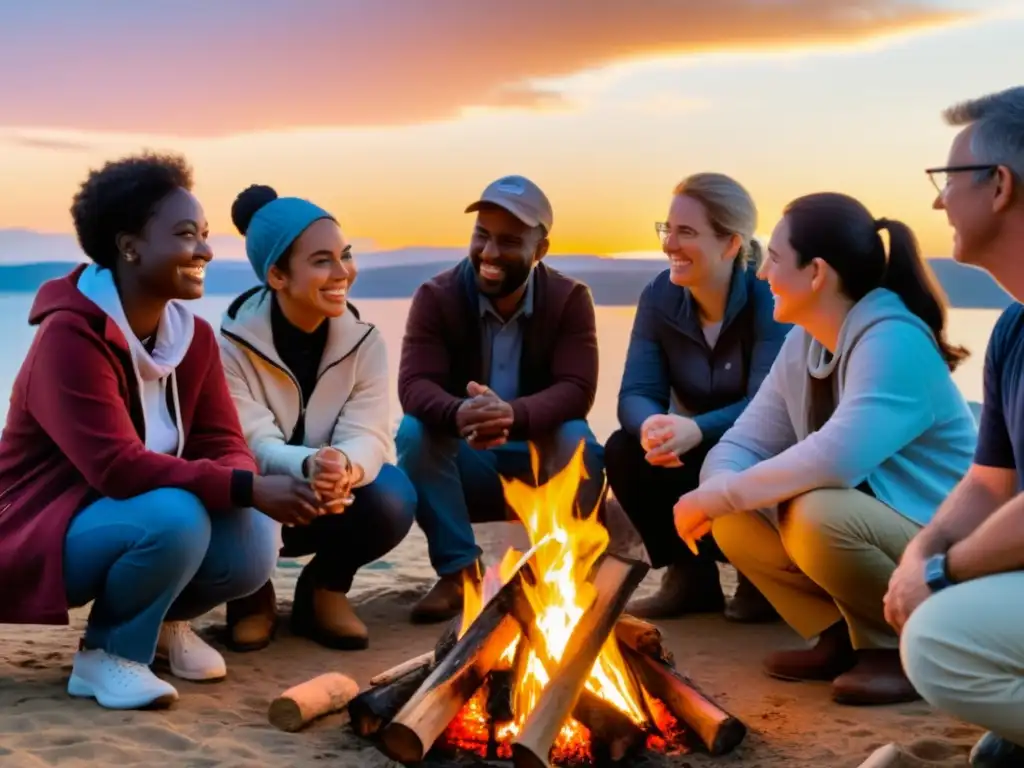 Un grupo diverso de voluntarios se reúne alrededor de una fogata al atardecer, compartiendo historias y conexiones genuinas