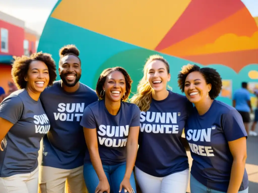 Un grupo diverso de voluntarios comparte historias y risas al atardecer, tras una jornada exitosa de servicio comunitario