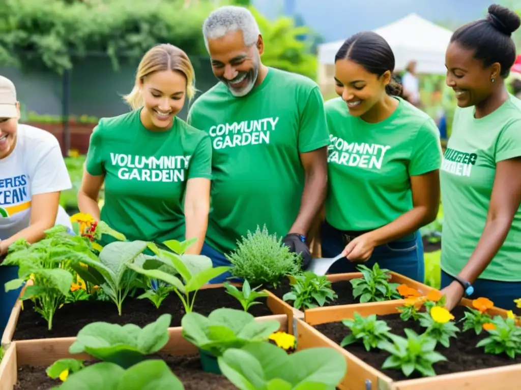 Un grupo diverso de voluntarios colabora en un huerto comunitario, mostrando el impacto positivo de las redes de voluntariado para ONGs