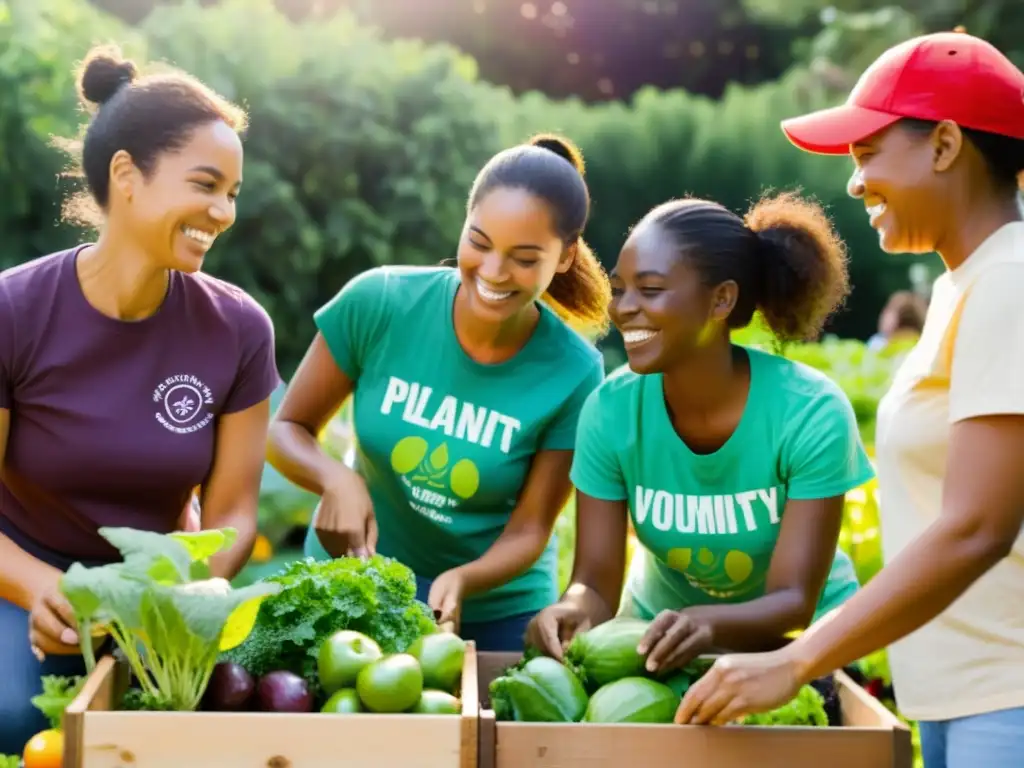 Un grupo diverso de voluntarios colabora en un huerto comunitario, intercambiando sonrisas mientras plantan y cuidan frutas y verduras