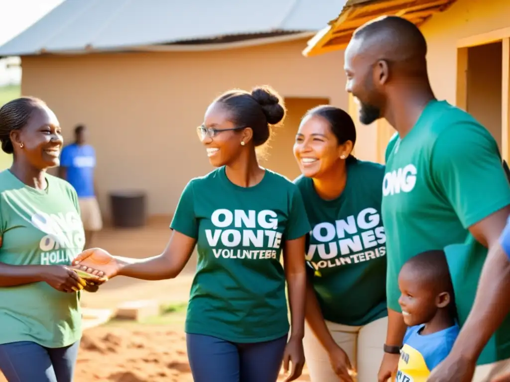 Grupo diverso de voluntarios en ONG involucrados en actividades solidarias con la comunidad rural, creando impacto positivo