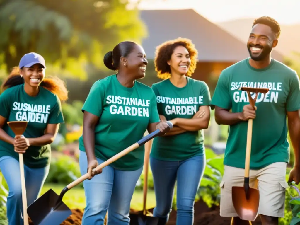 Grupo diverso de voluntarios creando juntos un jardín sostenible al atardecer