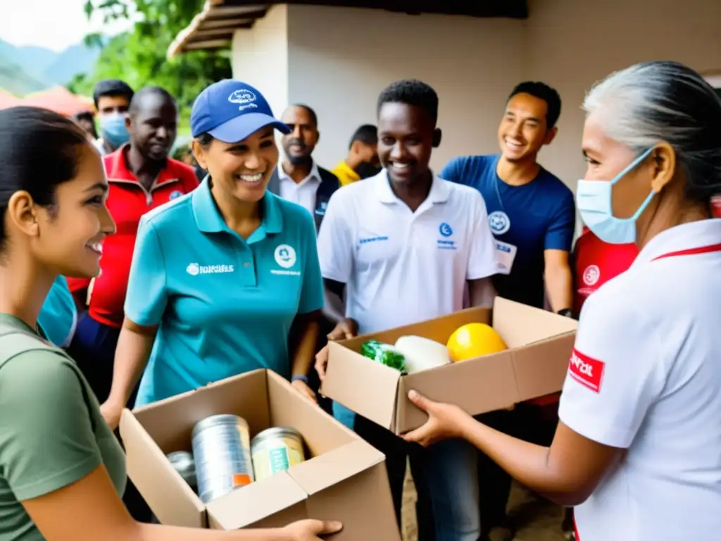 Un grupo diverso de voluntarios trabajando juntos en una zona de desastre, cumpliendo con normativas internacionales en gestión de voluntarios de ONGs