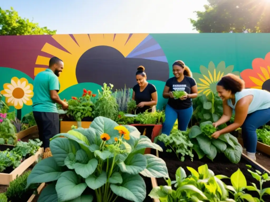 Un grupo diverso de voluntarios trabaja juntos en un huerto urbano, comunicando diversidad y valor en una ONG