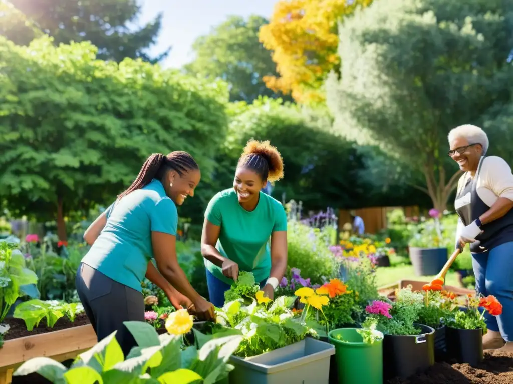 Grupo diverso de voluntarios trabajando juntos en un jardín comunitario, promoviendo la inclusión y equidad en voluntariado