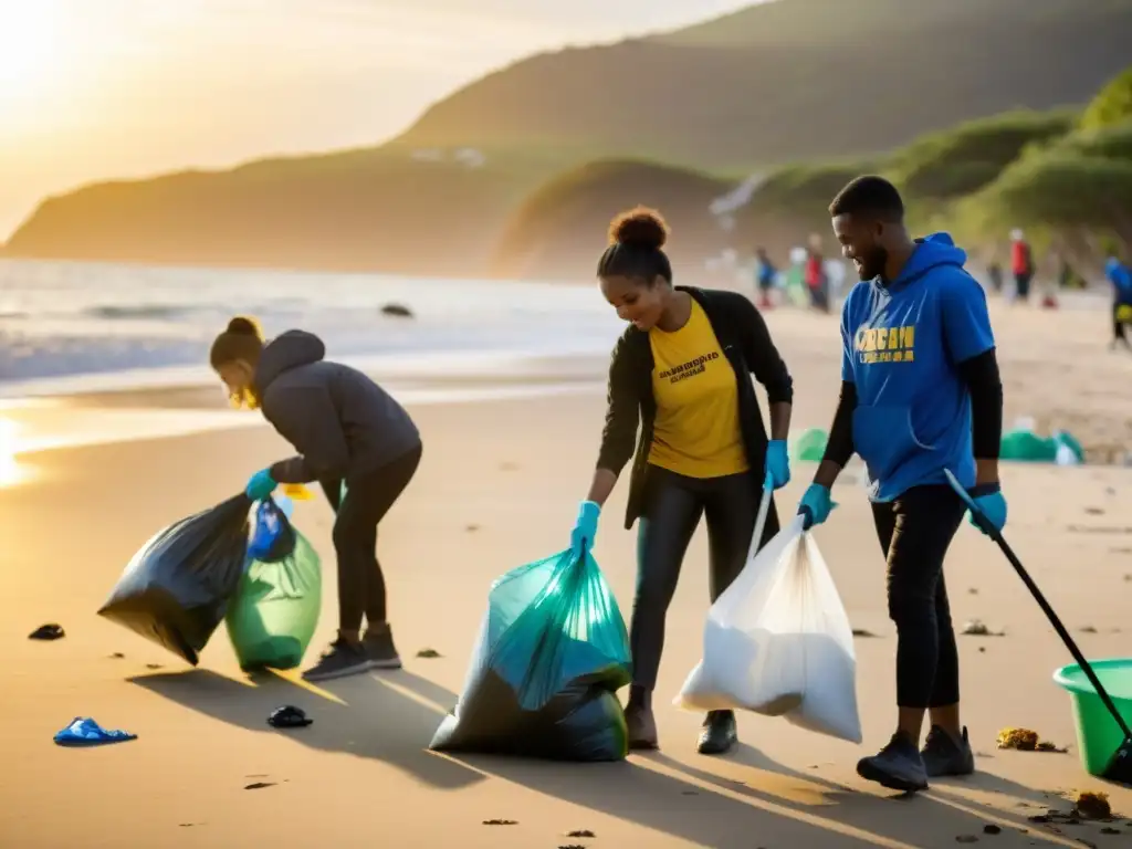 Un grupo diverso de voluntarios limpia una playa al atardecer, mostrando responsabilidad social en ONGs