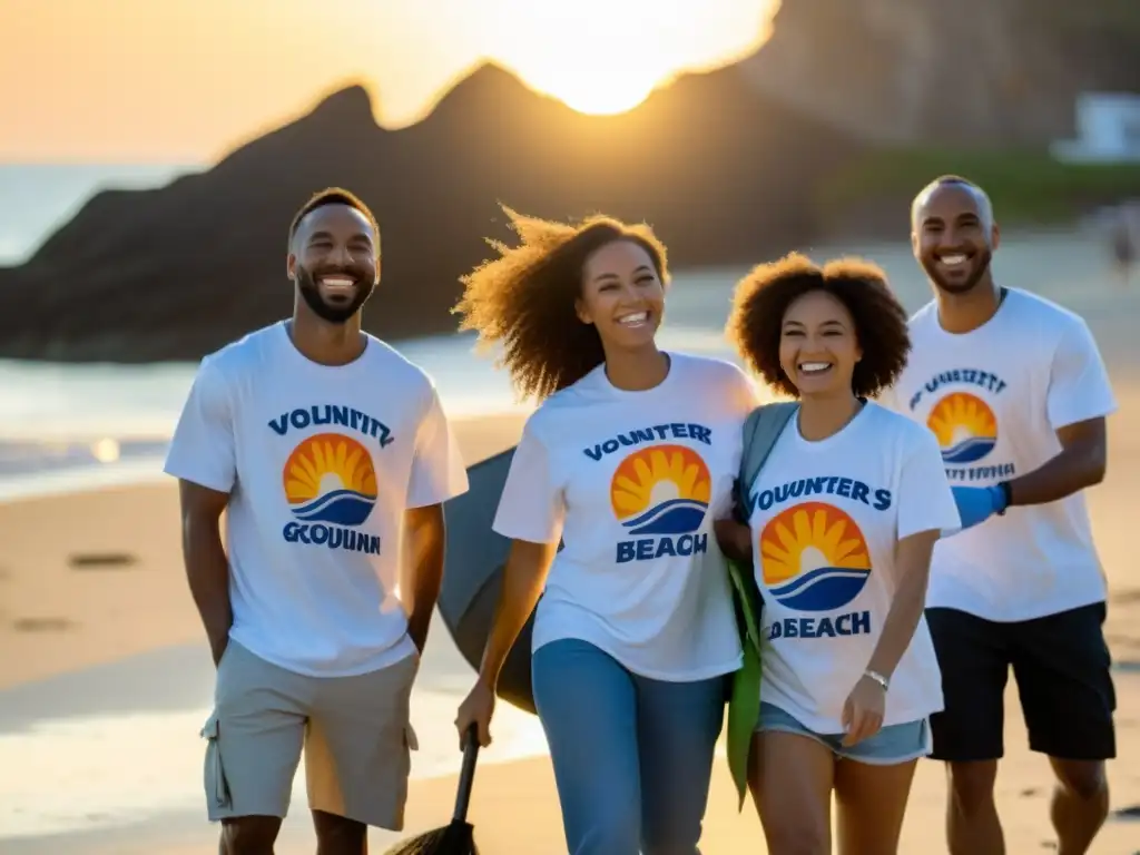 Grupo diverso de voluntarios limpia la playa al atardecer, transmitiendo un sentido de comunidad y propósito para estrategias contenido digital ONG