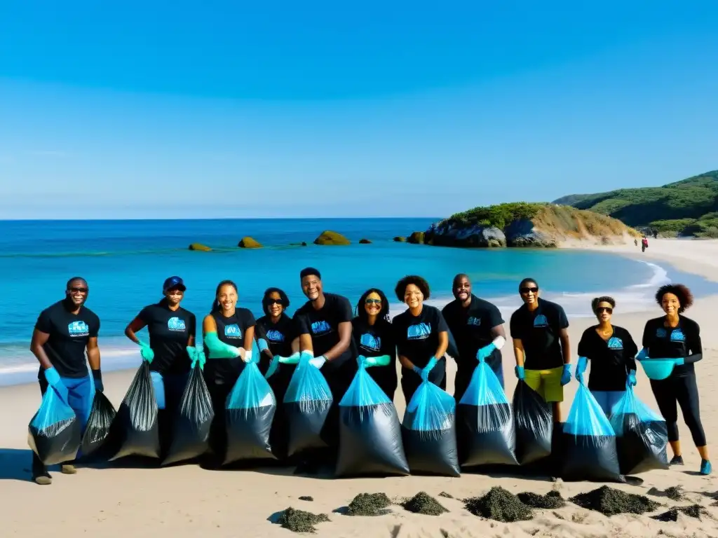 Un grupo diverso de voluntarios limpia una playa, con el mar y cielos despejados