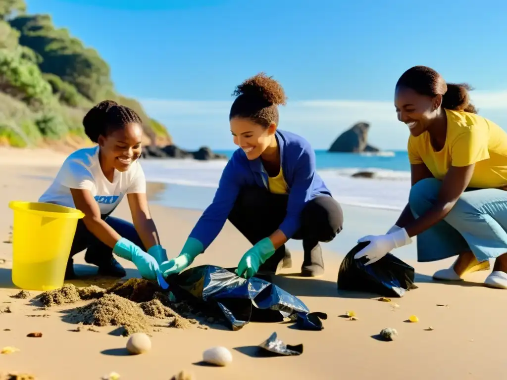 Un grupo diverso de voluntarios limpia la playa, reduciendo la huella de carbono