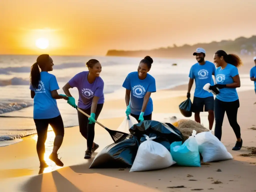 Un grupo diverso de voluntarios limpia una playa al atardecer, destacando la ética en la reputación de las ONGs