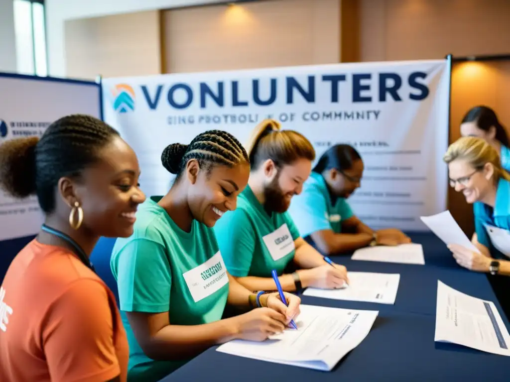 Un grupo diverso de voluntarios llena formularios y se registra en una ONG