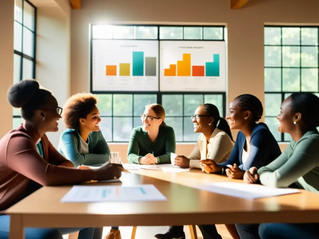 Un grupo diverso de voluntarios se reúne alrededor de una mesa, colaborando con entusiasmo y determinación