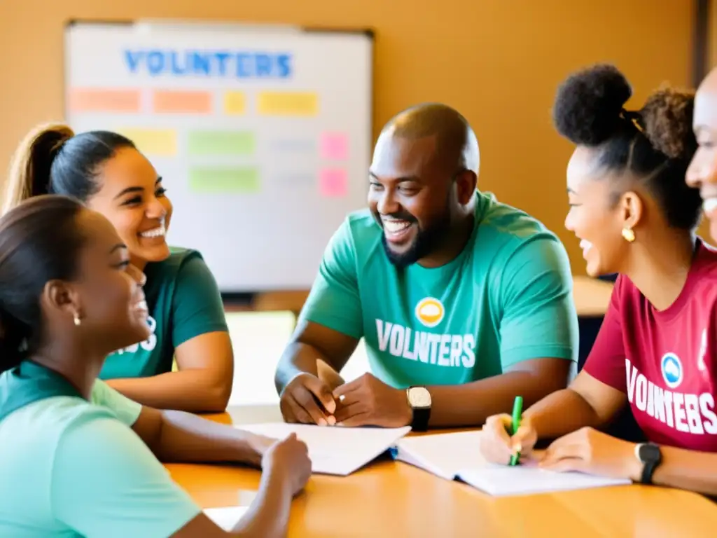 Un grupo diverso de voluntarios discute animadamente alrededor de una mesa, con la luz del sol resaltando su determinación y camaradería