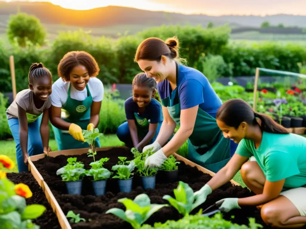 Un grupo diverso de voluntarios estableciendo metas realistas recaudación ONG al construir un jardín sostenible en una comunidad desfavorecida, fomentando el trabajo en equipo, la esperanza y el progreso