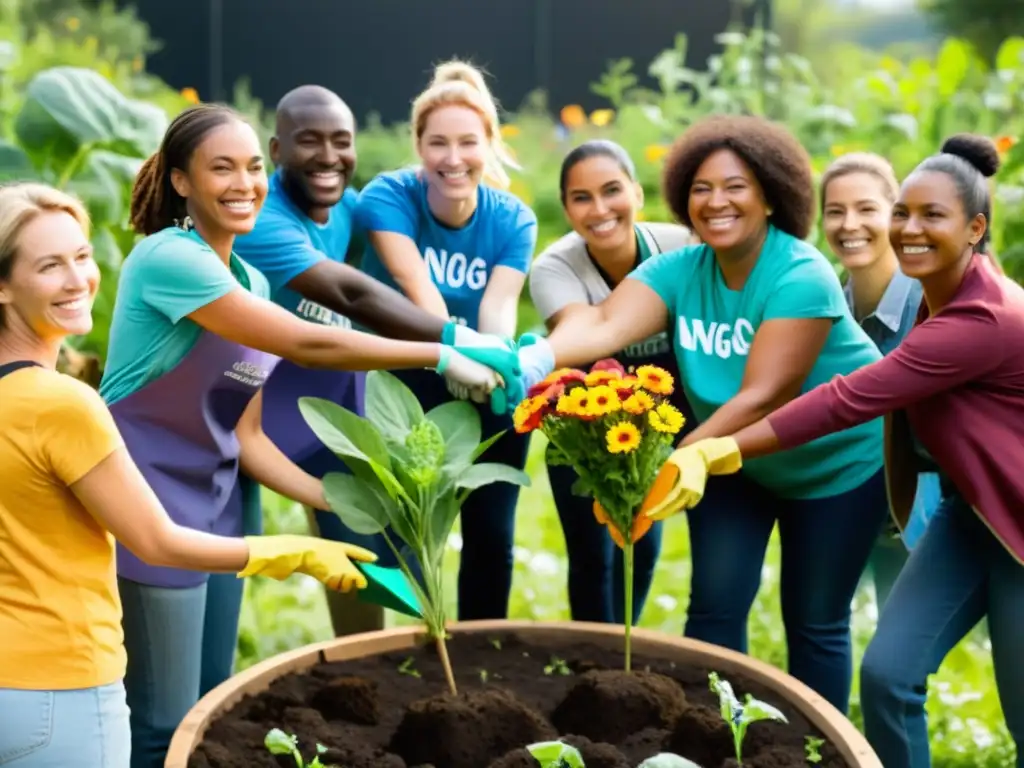 Un grupo diverso de voluntarios y miembros de ONGs se unen para limpiar un jardín comunitario, irradiando espíritu de unidad y esfuerzo colectivo