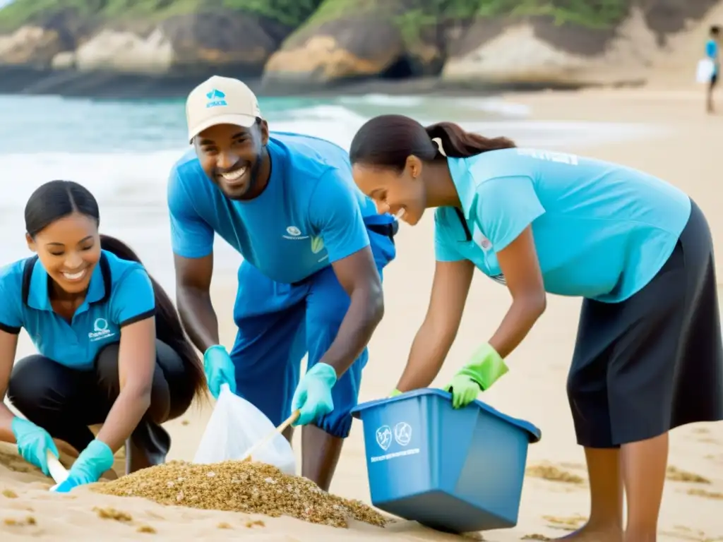 Grupo diverso de voluntarios y miembros de ONG limpian playa, fomentando la Responsabilidad Social Corporativa y la reputación online