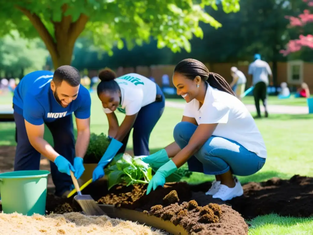 Un grupo diverso de voluntarios y miembros de la comunidad trabajan juntos para embellecer un parque