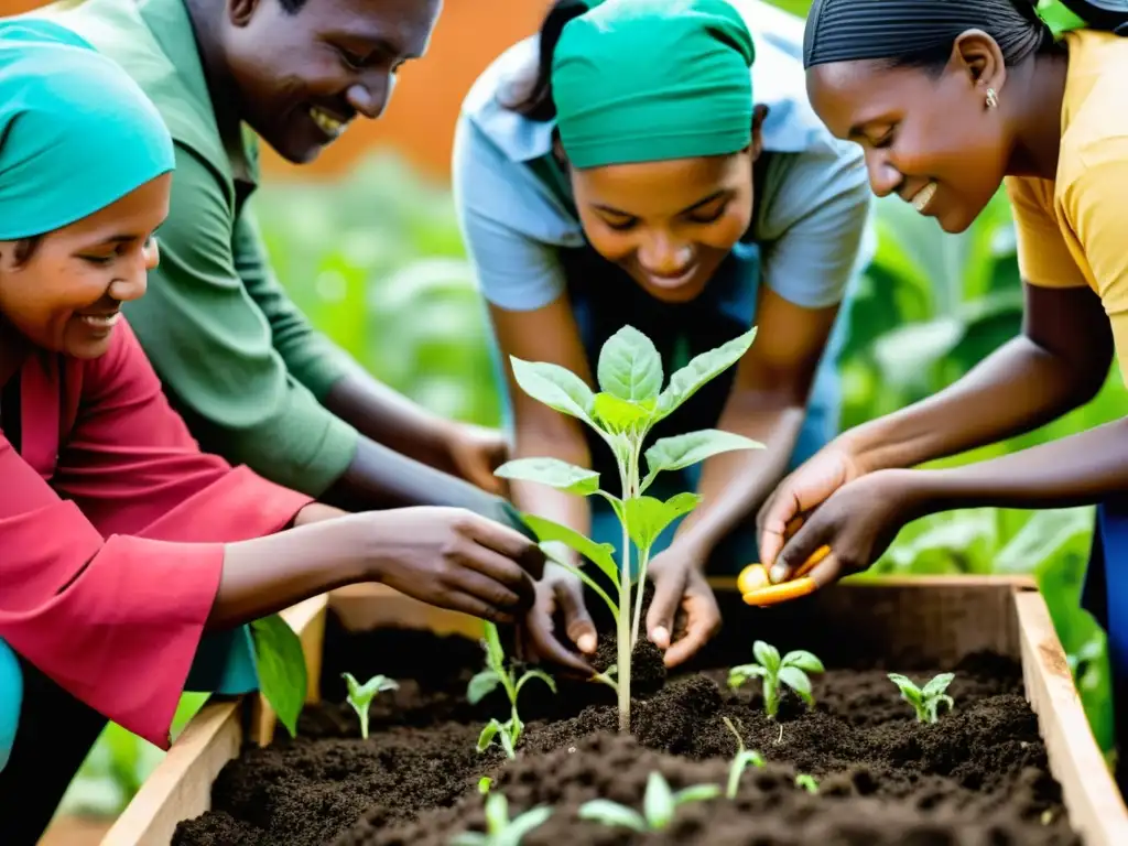 Un grupo diverso de voluntarios y miembros de la comunidad trabajan juntos en un jardín climáticamente resiliente