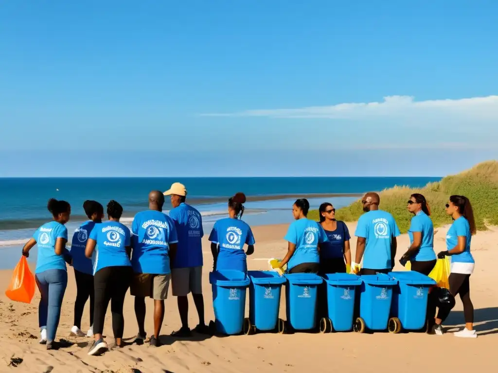 Un grupo diverso de voluntarios y miembros de la comunidad trabajan juntos para limpiar una playa al atardecer, con el logo de la ONG en sus camisetas