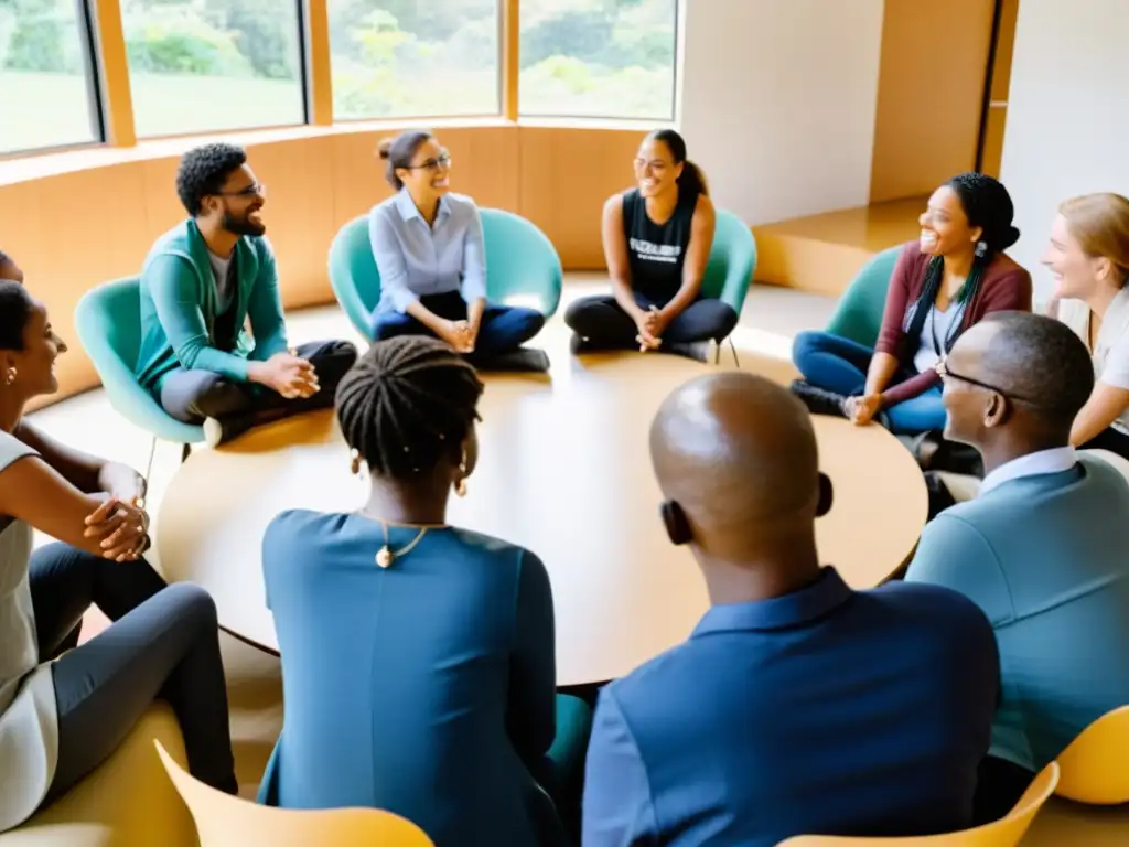 Un grupo diverso de voluntarios y miembros de la comunidad se reúne en círculo para discutir estrategias de comunicación para ONG