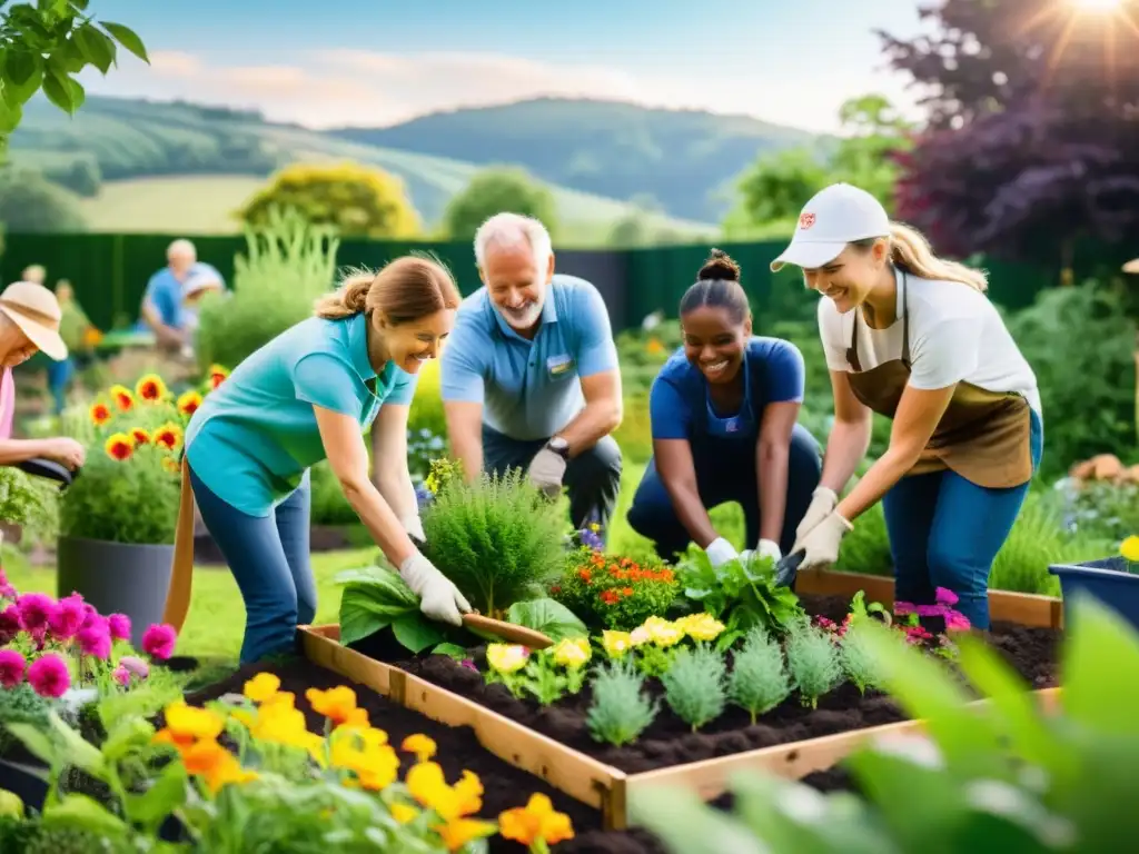 Grupo diverso de voluntarios y miembros de la comunidad elaborando un jardín sostenible en zona rural