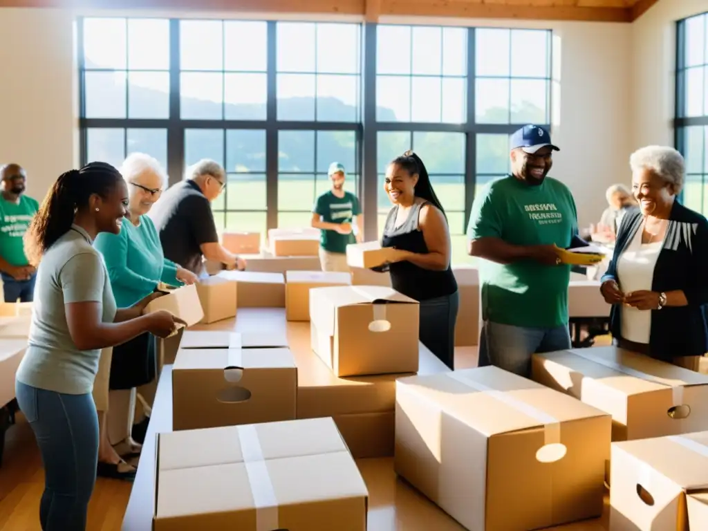 Un grupo diverso de voluntarios y miembros de la comunidad organizan cajas para un evento solidario, llenando el espacio de energía y propósito