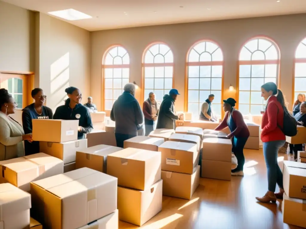 Un grupo diverso de voluntarios y miembros de la comunidad se reúnen en una habitación soleada, rodeados de mesas apiladas con cajas de bienes donados