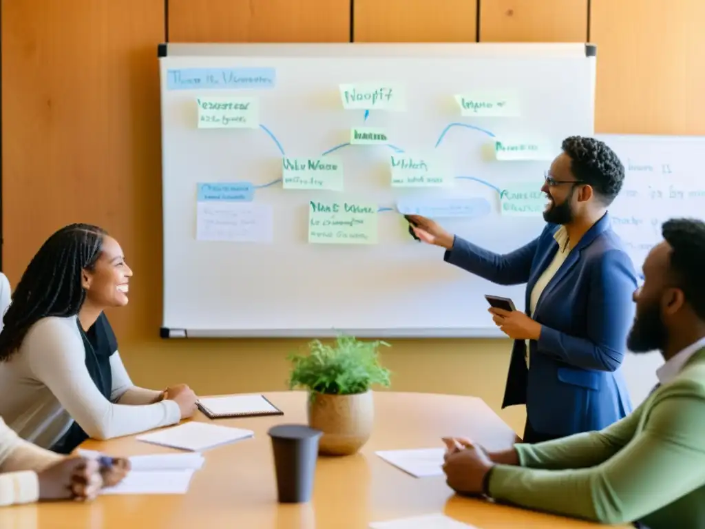 Un grupo diverso de voluntarios y miembros de la comunidad discuten nombres para una ONG, mostrando colaboración y participación comunitaria