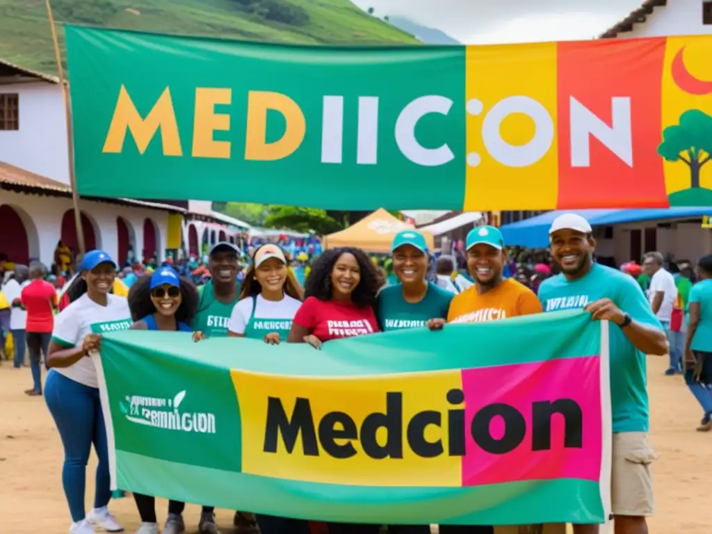 Un grupo diverso de voluntarios y miembros de la comunidad sonríe mientras colaboran en actividades positivas en la plaza del pueblo