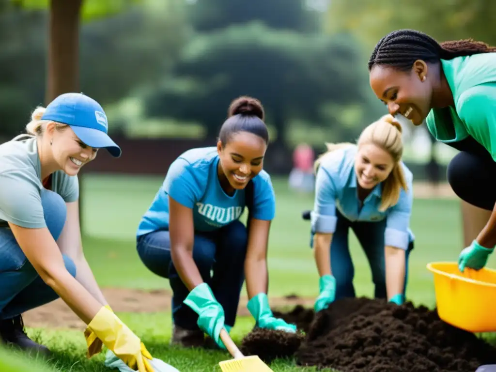 Un grupo diverso de voluntarios y miembros de la comunidad trabajan juntos para limpiar un parque local, mostrando el impacto positivo de la medición de impacto de ONG con herramientas online