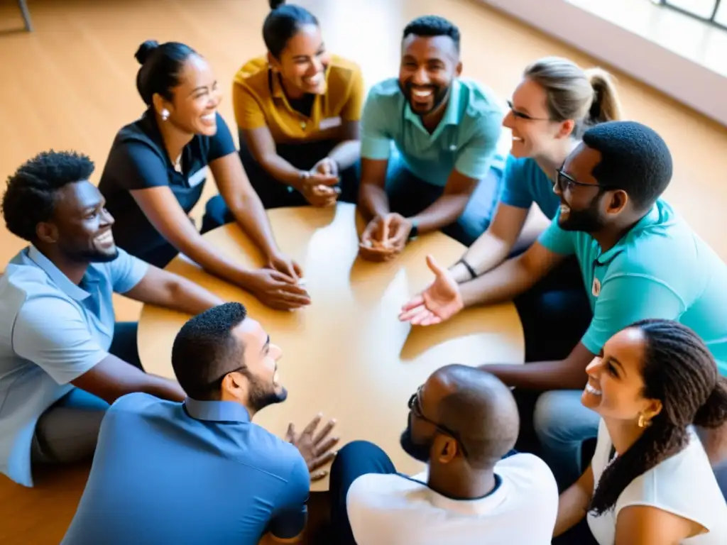 Un grupo diverso de voluntarios y miembros de la comunidad discuten animadamente sobre cómo mejorar servicios de ONGs a través del feedback online