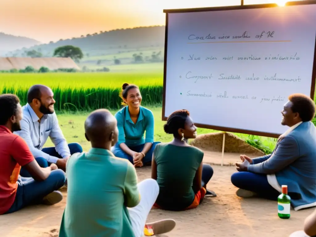 Grupo diverso de voluntarios y miembros de la comunidad discuten proyectos de desarrollo sostenible en un pueblo rural al atardecer