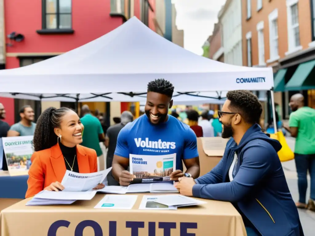 Un grupo diverso de voluntarios y miembros de la comunidad se reúnen en una mesa de campaña de crowdfunding, planeando estrategias con entusiasmo