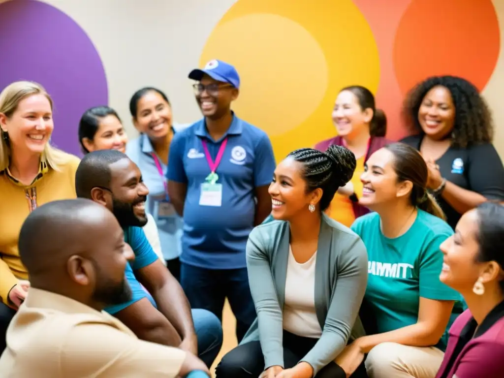 Un grupo diverso de voluntarios y miembros del personal se reúnen en círculo, compartiendo historias y mostrando expresiones genuinas