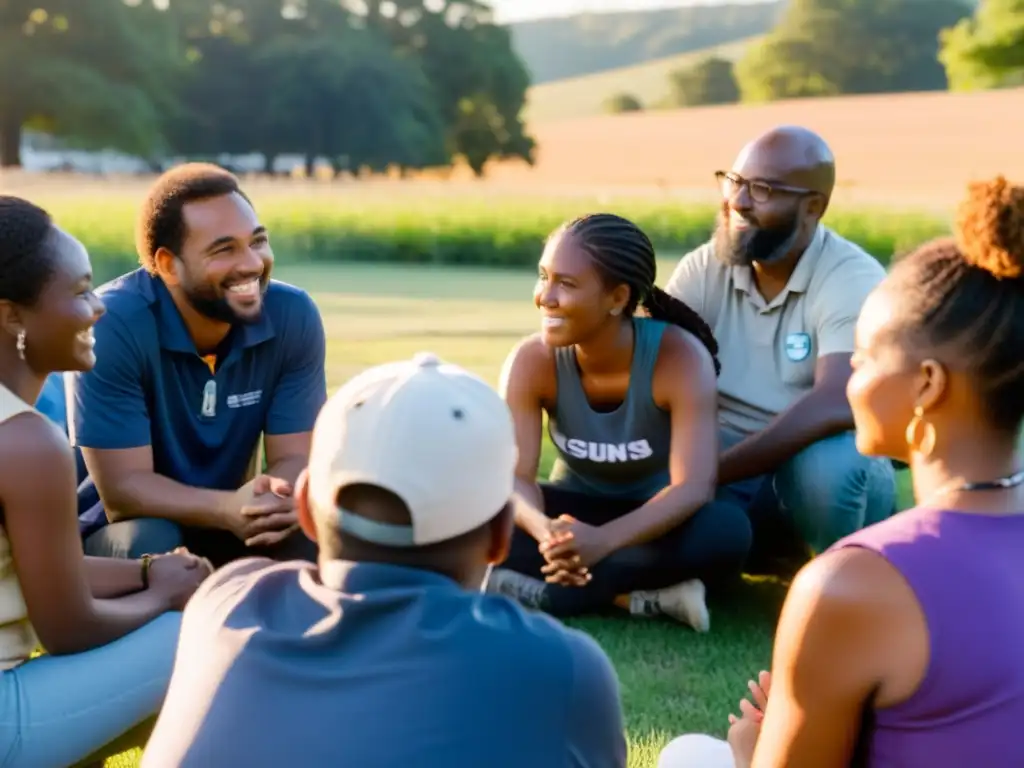 Un grupo diverso de voluntarios y miembros de la comunidad se reúnen al atardecer para discutir el impacto de sus esfuerzos colaborativos