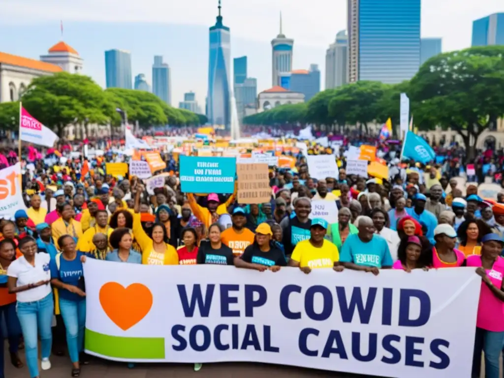 Un grupo diverso de voluntarios y miembros de la comunidad se reúnen en una animada plaza de la ciudad, sosteniendo pancartas y carteles que abogan por diversas causas sociales