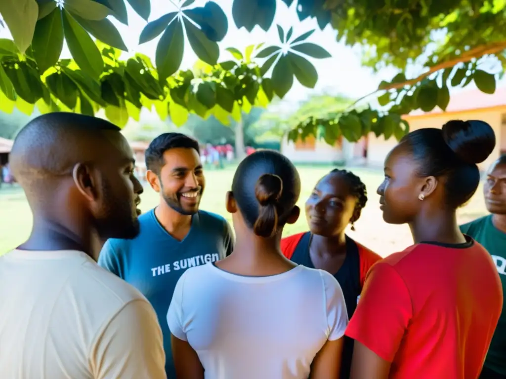 Un grupo diverso de voluntarios y miembros del personal de una ONG se reúnen bajo la sombra de un árbol, discutiendo estrategias con determinación