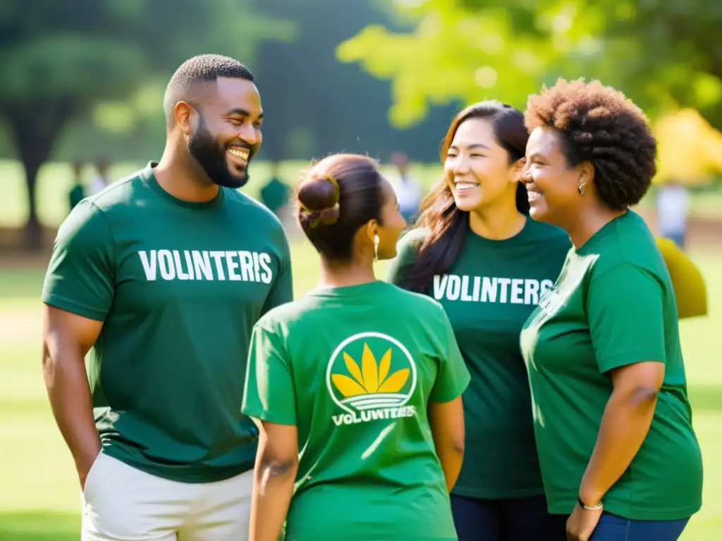 Grupo diverso de voluntarios en ONGs comparten camaradería y trabajo en equipo en un parque, mostrando la cultura de voluntariado en ONGs