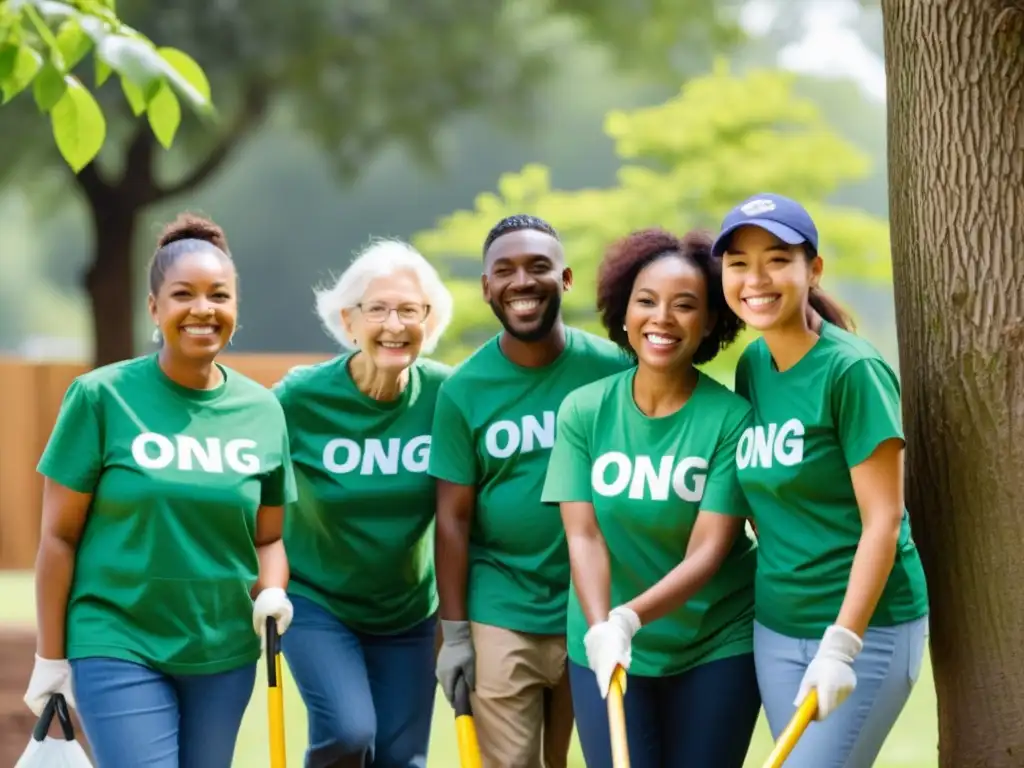 Un grupo diverso de voluntarios en ONGs plantando árboles, limpiando un parque y ayudando a residentes mayores