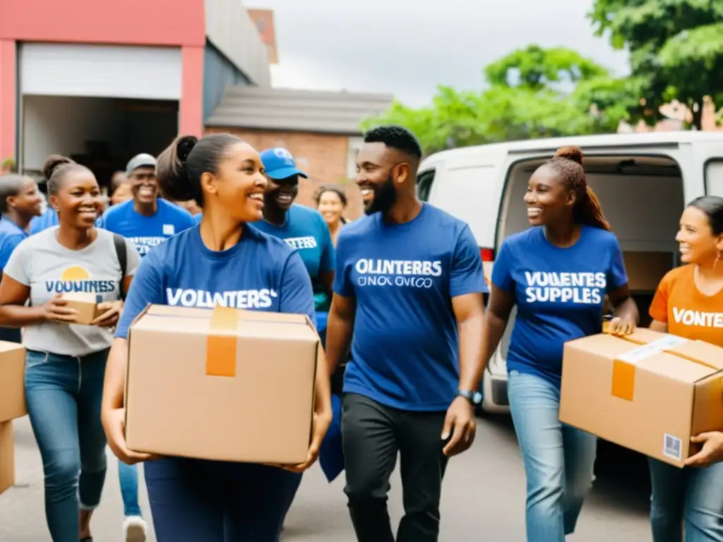 Un grupo diverso de voluntarios de ONGs colaborando para distribuir alimentos y suministros a familias necesitadas en un vecindario urbano