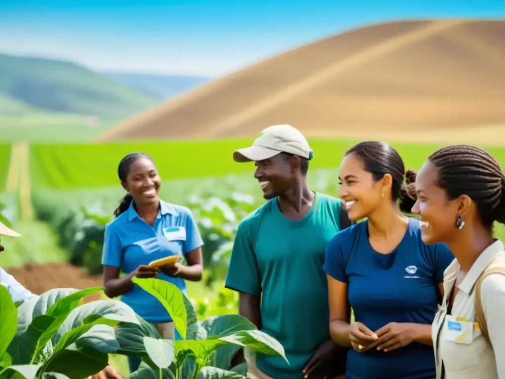 Un grupo diverso de voluntarios de ONGs practica la agricultura sostenible en un campo soleado y exuberante