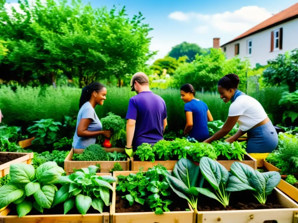 Un grupo diverso de voluntarios de ONGs se unen en un bullicioso jardín urbano, contribuyendo a la agricultura urbana sostenible