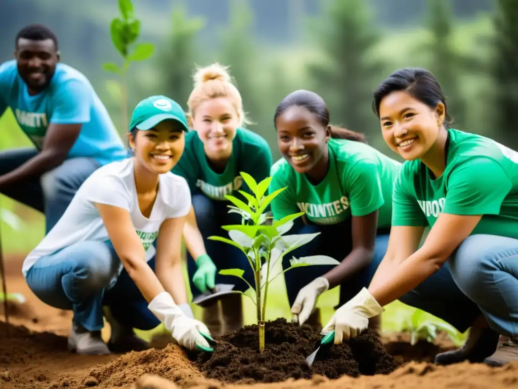 Grupo diverso de voluntarios de ONGs plantando árboles en zona deforestada, simbolizando contribución a Objetivos Desarrollo Sostenible