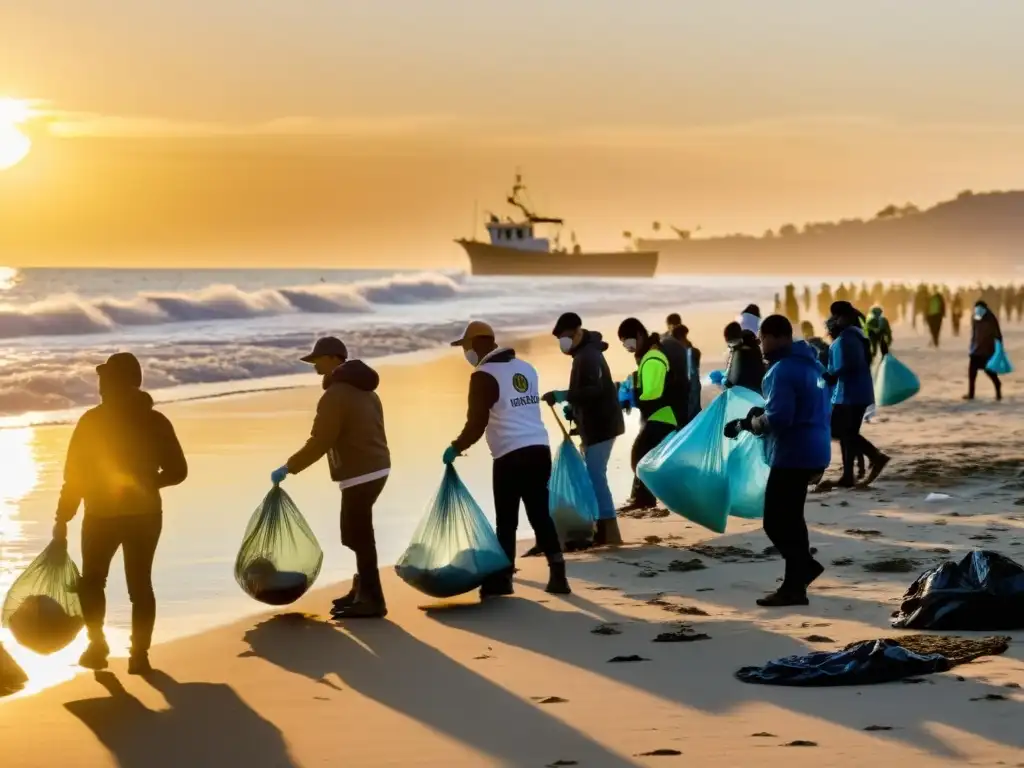 Un grupo diverso de voluntarios de ONGs trabajando juntos para limpiar una playa contaminada al atardecer, mostrando modelos sostenibles para ONGs