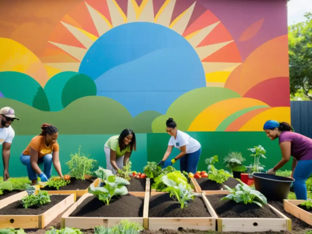 Un grupo diverso de voluntarios de ONGs colabora en un huerto comunitario, destacando la integración exitosa entre ONGs