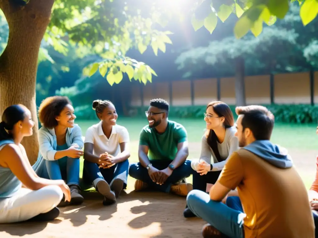 Un grupo diverso de voluntarios de diferentes orígenes culturales participa en una animada discusión mientras trabajan en un proyecto comunitario