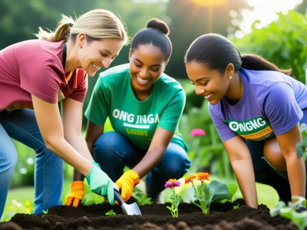 Un grupo diverso de voluntarios de diferentes orígenes culturales trabaja juntos para construir un jardín comunitario sostenible