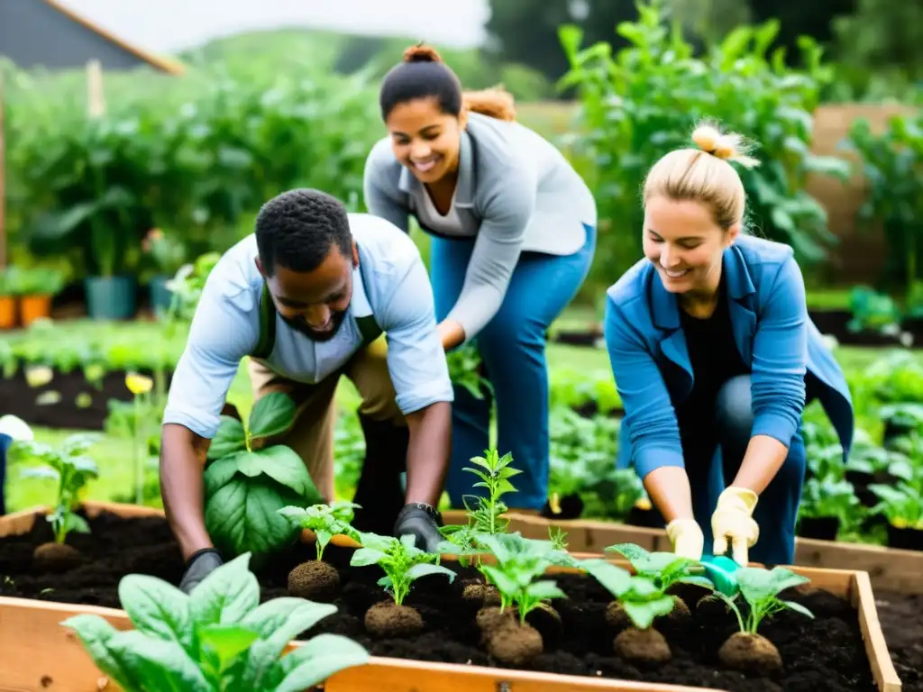 Grupo diverso de voluntarios y personal de ONG trabajando juntos en un huerto comunitario, reflejando la colaboración y el impacto comunitario en la gestión de voluntarios en ONG